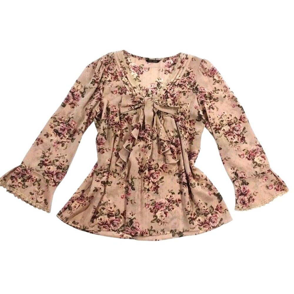 L'est Rose Floral Lace Trim Sheer Long Sleeve Babydoll Top Romantic Coquette - M